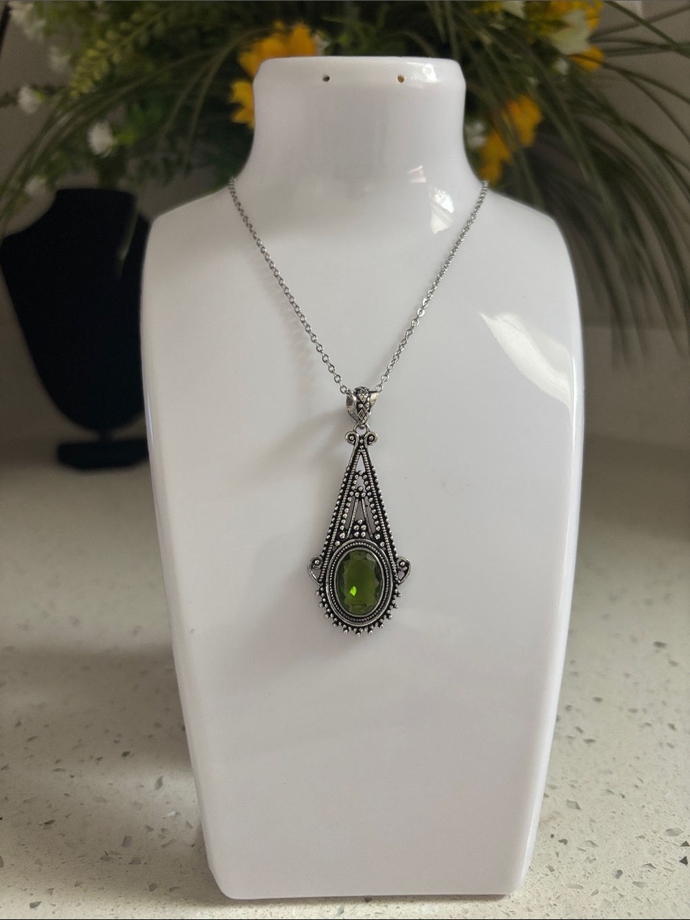 Hand Crafted Silver-Tone Filigree Necklace with Green Peridot Teardrop